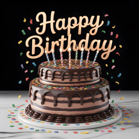 A two-tiered chocolate cake with dripping frosting and lit candles, surrounded by colorful confetti.