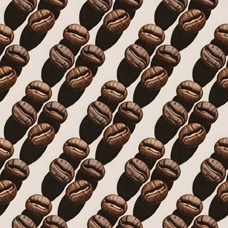 Diagonal rows of roasted coffee beans cast distinct shadows on a neutral background, creating a...