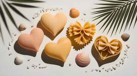 Heart-shaped showing various heart-shaped pasta and seashells scattered on a white surface.