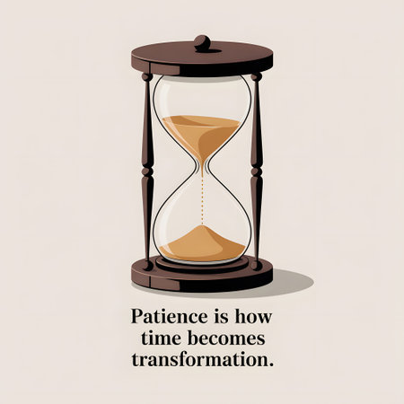 A classic brown wooden hourglass with golden sand visibly flowing through its narrow neck on a...