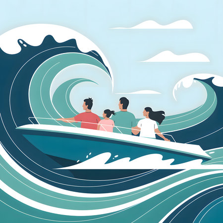 showing family on a boat navigating through large ocean waves under a cloudy sky