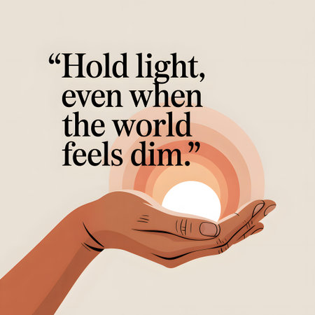 Optimism showing hand cupping a radiant sun orb with a quote about holding light in a dim...