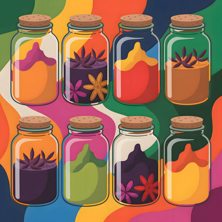 Eight glass jars filled with colorful spices and herbs sit on a vibrant abstract background.