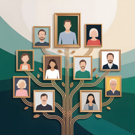 A stylized family tree portraits in golden frames against a soft gradient background of green...