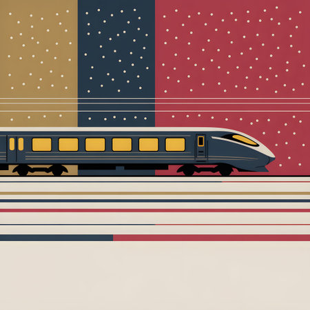Sleek showing modern high-speed train traveling through a stylized abstract background with dots...