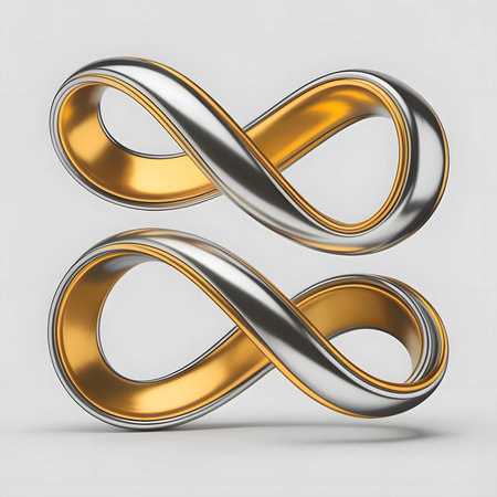 Two metallic infinity symbols, one above the other, with silver and gold finishes....