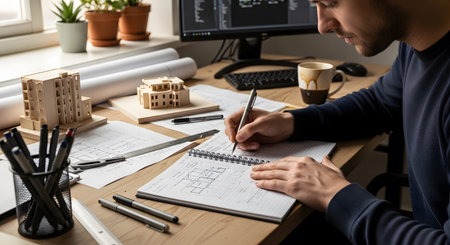 An architect building plans in a notebook at a wooden desk with architectural models and a computer.