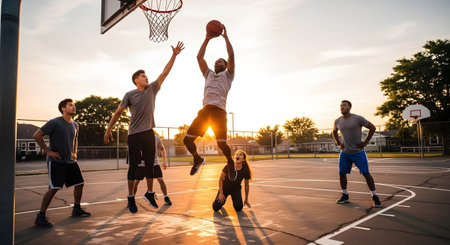 People playing basketball on an outdoor court during sunset with a bright sun flare and distant...