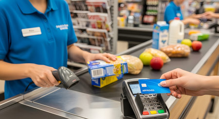 A cashier scans a box of cereal at a supermarket checkout while a customer pays with a credit card.