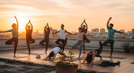 A group of people in various yoga poses on a rooftop during golden hour with a city skyline.