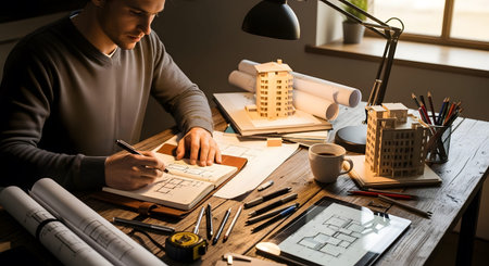 Architect showing architect floor plan on notepad with building models and tablet on desk.