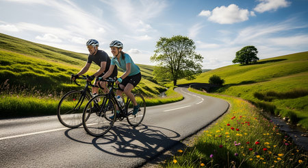 A couple cycles on a winding road through rolling green hills dotted with wildflowers, with a...