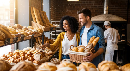 A smiling couple selects fresh bread at a bakery, with a baker visible in the background and a...