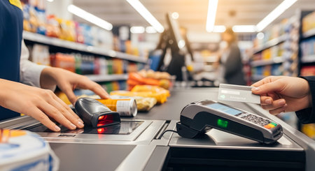With showing grocery store checkout counter with customer paying with credit card and cashier...