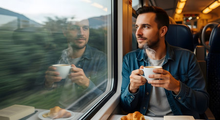 A man holds a steaming cup of coffee and looks out a train window at a blurred green landscape.