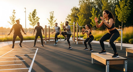 Group showing group of people exercising outdoors at an outdoor gym with fitness equipment.
