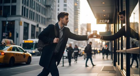 Man in dark coat receives coffee cup from window on a busy city street with traffic and pedestrians.