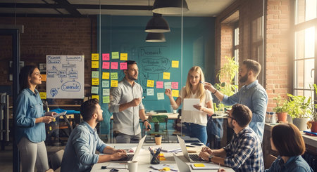 Diverse team collaborates in a bright office, using sticky notes on a glass wall and laptops for...