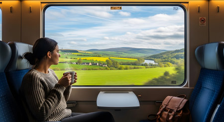 Woman in sweater holds cup looking out train window at green rolling hills and yellow fields.