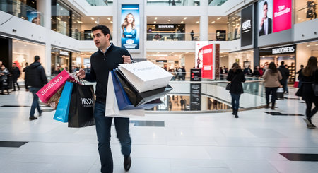 A man navigates a brightly lit modern shopping mall, laden with numerous shopping bags....