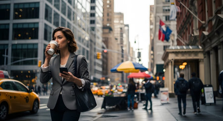 Woman in grey blazer drinks coffee and holds phone on a busy city street with traffic and buildings.