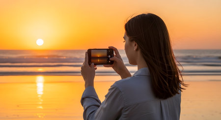 Woman on a sandy beach holding a smartphone to a bright golden sunset over the ocean....