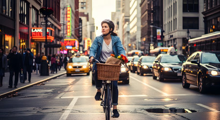 A woman cycles on a city street with a basket of flowers, surrounded by traffic and buildings.
