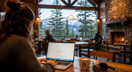 A woman works on her laptop in a cozy lodge with a fireplace and a view of snow-capped mountains.