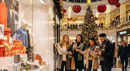 Window showing christmas shoppers admire festive window and a large decorated tree inside a...