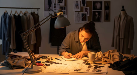 Stock showing fashion designer working late at night at a desk with and fabric samples.