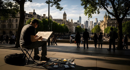 Stock showing artist sketching a cityscape in a bustling urban square with a clock tower and...