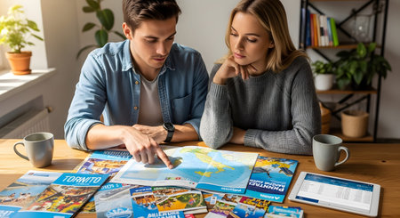 Stock showing couple examining a map surrounded by travel brochures and a tablet device.