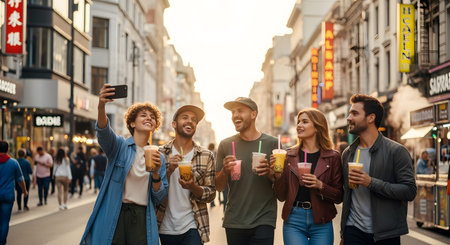 Five friends pose for a selfie while holding bubble tea drinks on a bustling city street,...