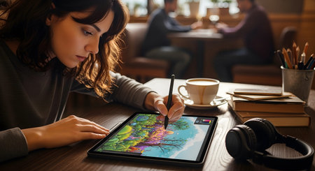 A woman intently draws a colorful fantasy scene on a tablet with a stylus in a cafe.......