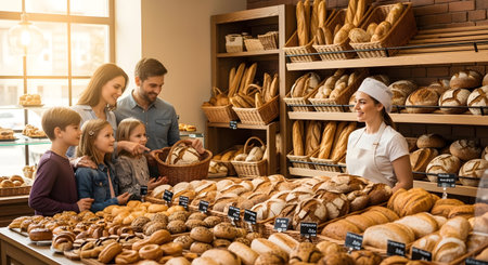 showing family happily choosing fresh baked bread and pastries from a cheerful baker...