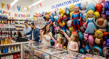 Stock showing family and children shopping for balloons and party supplies in a brightly lit...