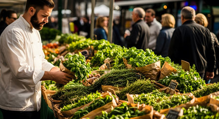 A man in a white chef's coat arranges bunches of fresh green basil and herbs in a market stall.