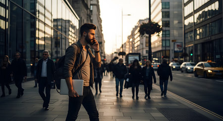 A man with a backpack and laptop walks on a city sidewalk talking on his phone with blurred people.