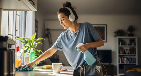 Wearing showing woman wearing headphones cleans kitchen counter with spray bottle and cloth....