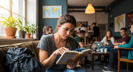 A woman reads a book in a bright cafe with plants by the window and other people in the background.
