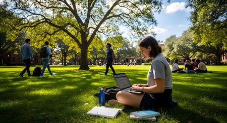 Stock showing young woman studying on laptop in grassy university campus quad with large tree...