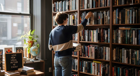 Cozy showing woman browsing bookshelves in a cozy independent bookstore selecting a book from a...