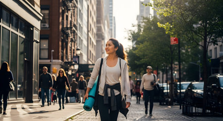 Stock showing young woman walking down urban sidewalk with yoga mat and water bottle.