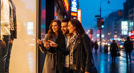 Pointing showing three friends pointing at a shop window display on a city street at dusk with...