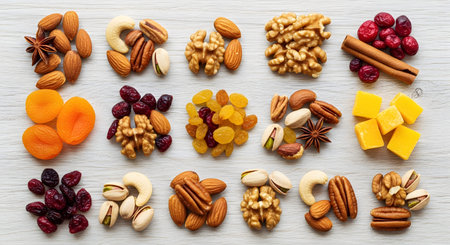 Assortment showing assortment of dried fruits nuts and cheese cubes on white surface.