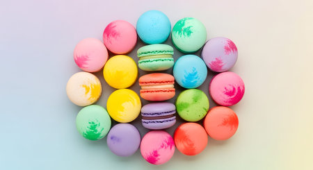 Assortment showing assortment of colorful french macarons arranged in a circular pattern.の写真素材