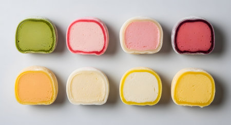 Eight colorful mochi ice cream desserts are neatly arranged in two rows on a plain white surface.