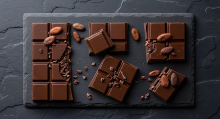 Assortment showing assortment of dark chocolate bars and cacao beans on slate. resolution...