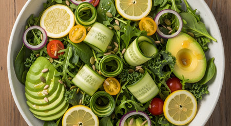 showing colorful salad with avocado lemon onion and cucumber ribbons. resolution...