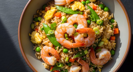 Plump showing close-up of shrimp fried rice with peas carrots and scrambled egg in a bowl...